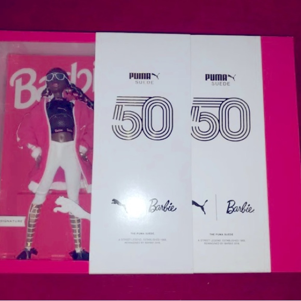 Puma x Barbie Doll PUMA SUEDE 50 BARBIE W/DOLL RASPBERRY SHOE PINK SNEAKERS NIB